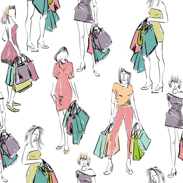 ショッピングバッグを持った女性のシームレスパターンベクトルイラスト