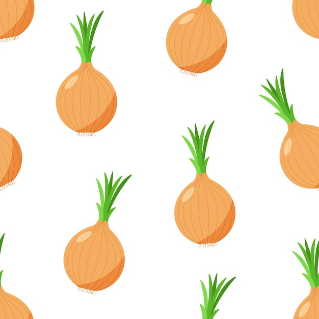 Seamless pattern vector illustration of an onion with green onion feathers. vegetable icon for the store, salad.