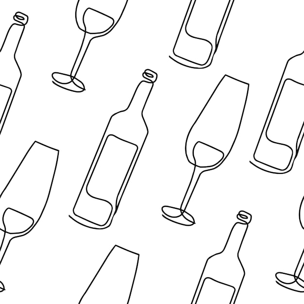 Seamless pattern Vector illustration of a wine bottle and a glass Drawing in one line