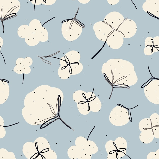 Seamless pattern vector illustration with a fluffy organic cotton flower on light blue background