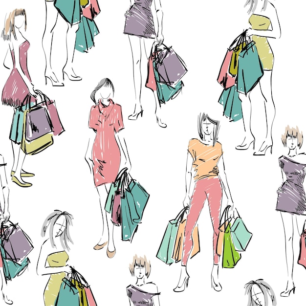 Vector seamless pattern vector illustration of a womans with shopping bags