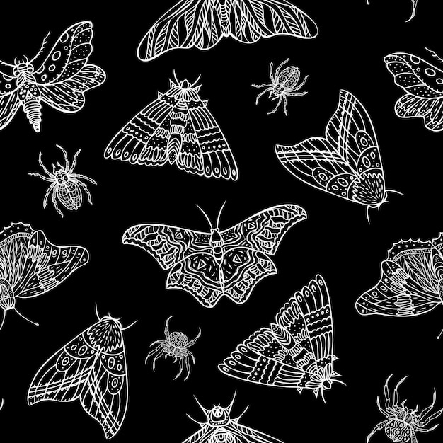 Seamless pattern of vector night butterflies and spiders Hand drawn illustration Black and white b