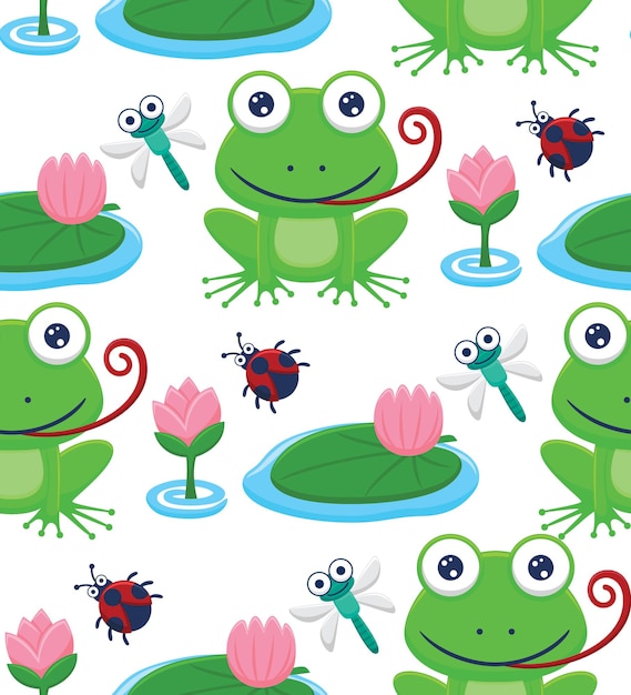 Бесшовный узор вектор лягушки и ошибок мультфильм с цветком лотоса в болоте