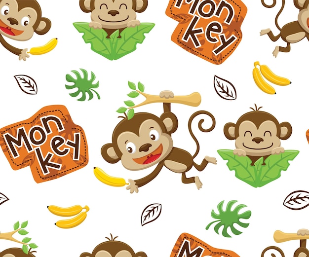 バナナと猿の漫画のシームレスなパターンベクトル