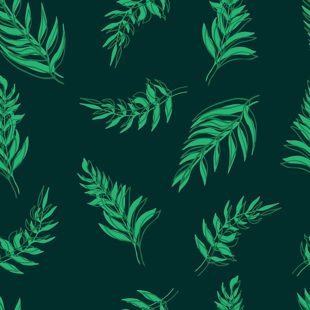 원활한 패턴 벡터 야자수는 배경에 녹색 잎과 윤곽을 남긴다. 섬유 포장 직물 월페이퍼 배경 초대장 여름 열대 손 그림