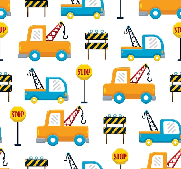 Seamless pattern vector of toe truck cartoon with traffic signs