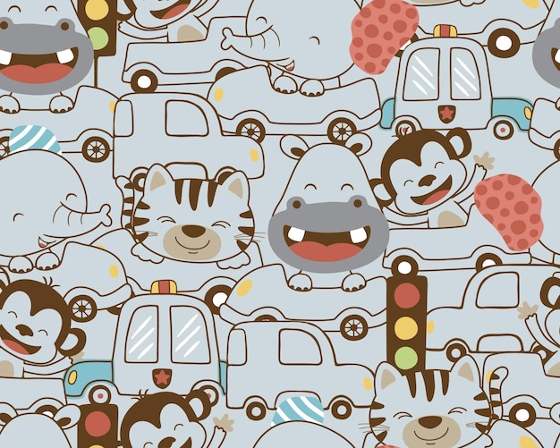 Seamless pattern vector of vehicles cartoon with funny animals and stoplight