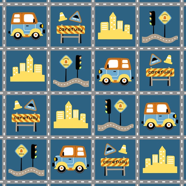 Seamless pattern vector with car, traffic signs, building, on road frame cartoon 