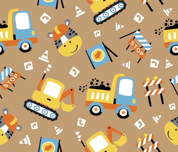 Seamless pattern vector with construction equipment, funny worker head