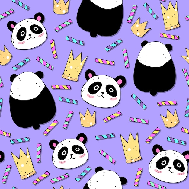 seamless pattern. vector with cute cartoon pandas, decorative elements