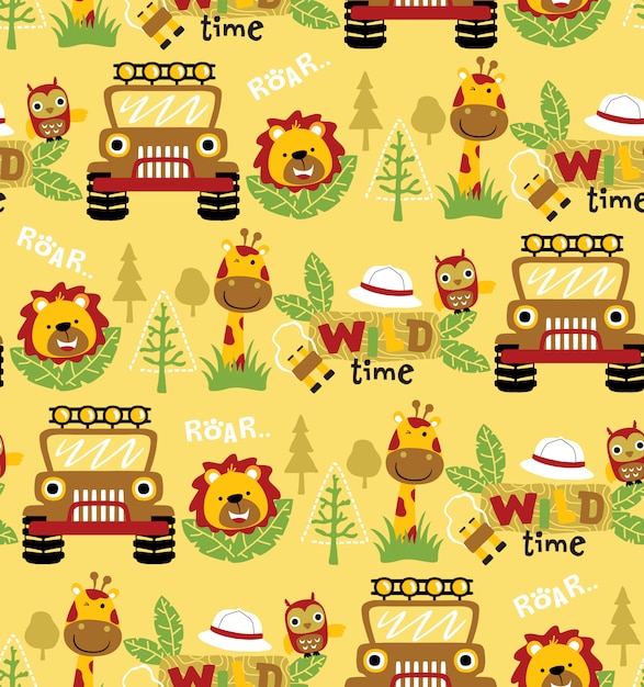 Seamless pattern vector with funny animals and car, ranger equipment