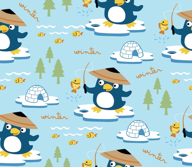 Seamless pattern vector with north pole with penguin cartoon the best fisher