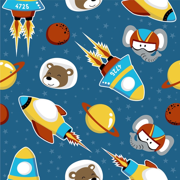 Vector seamless pattern vector with spacecraft and funny animals astronaut