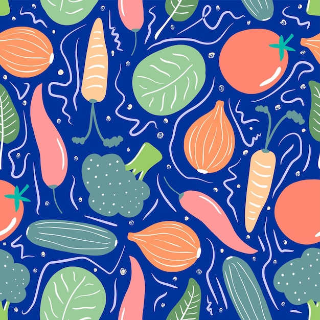 파란색 배경에 격리된 토마토 브로콜리 양파 오이 양배추 붉은 고추 파프리카 당근 시금치와 야채의 원활한 패턴