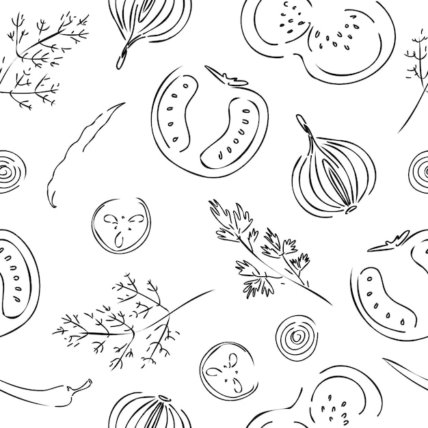 Seamless pattern vegetables drawn. Vector drawing.