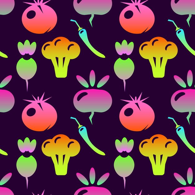 Seamless pattern of vegetables on a purple background in flat style fresh vegetarian food neon colors Simple art objects Vector illustration isolated EPS