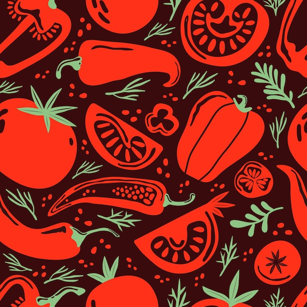 Seamless pattern vegetables Red and green pepper chili tomatoes jalapeno paprika Farm products