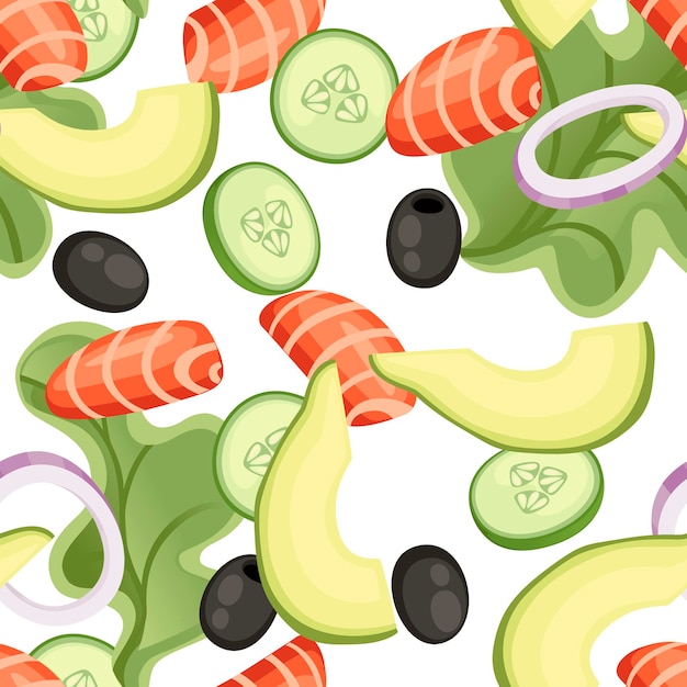 Seamless pattern. ricetta insalata di verdure. ingrediente insalata di mare. cibo di progettazione del fumetto di verdure fresche. illustrazione piatta su sfondo bianco.