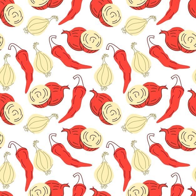 Vector seamless pattern vegetables with elements of onions and red chilies shallot vector illustration