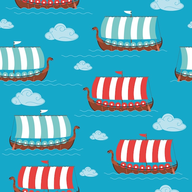 Seamless pattern of Viking ships with blue and red sails in the waves Vector