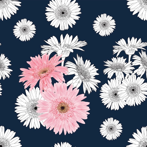 Vector seamless pattern vintage background with hand draw floral gerbera flowers