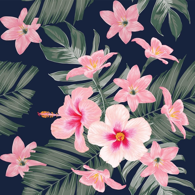 Vector seamless pattern vintage background with hand draw floral hibiscus and lily flowers