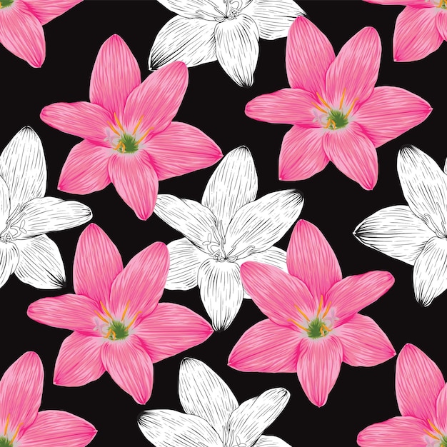 Seamless pattern vintage background with hand draw floral lily flowers