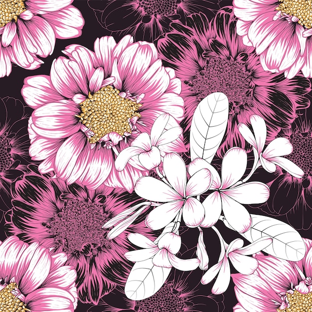 Seamless pattern vintage background with hand drawn floral zinnia and frangipani flowers