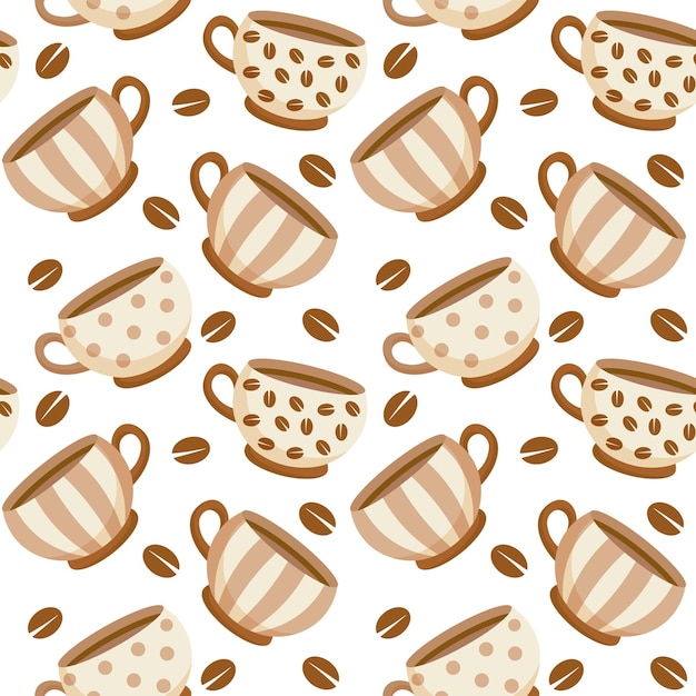 オーナメントとコーヒー豆のビンテージコーヒーカップのシームレスパターン 背景印刷ベクトル