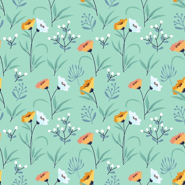 Seamless pattern of vintage floral tropical small flowers and leaves