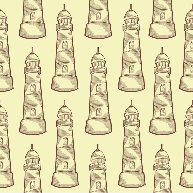 Vector seamless pattern vintage hand drawn lighthouse line art illustration