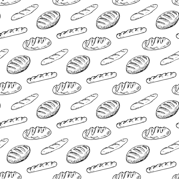 Seamless pattern vintage hand drawn sketch style bakery set. Bread and pastry sweets on white background.