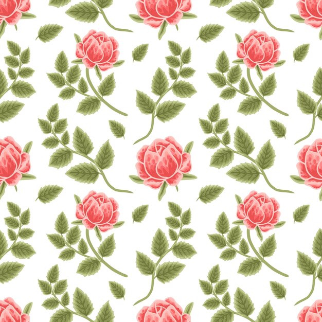 Vector seamless pattern of vintage peach peony and leaf branch