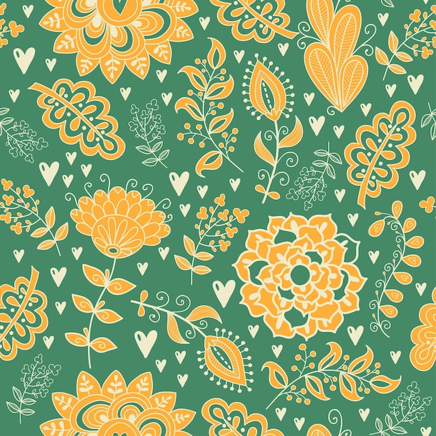 Seamless pattern in vintage style Doodle flowers birds leaves and grass retro design