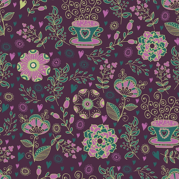 Seamless pattern in vintage style. Doodle flowers romantic design.