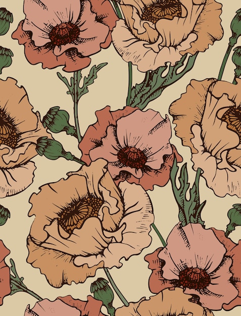 Modello senza cuciture in stile vintage. fiori di papavero, teste di papavero, foglie formano una composizione continua. delicati colori pastello: marrone, beige, cipria. sfondo chiaro.