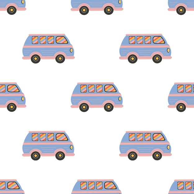 Seamless pattern Vintage Van Retro car Flat Hippie vintage mini van Nostalgic 60s70s vibes