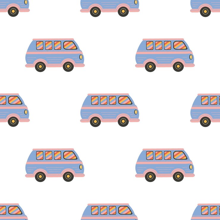 Vector seamless pattern vintage van retro car flat hippie vintage mini van nostalgic 60s70s vibes