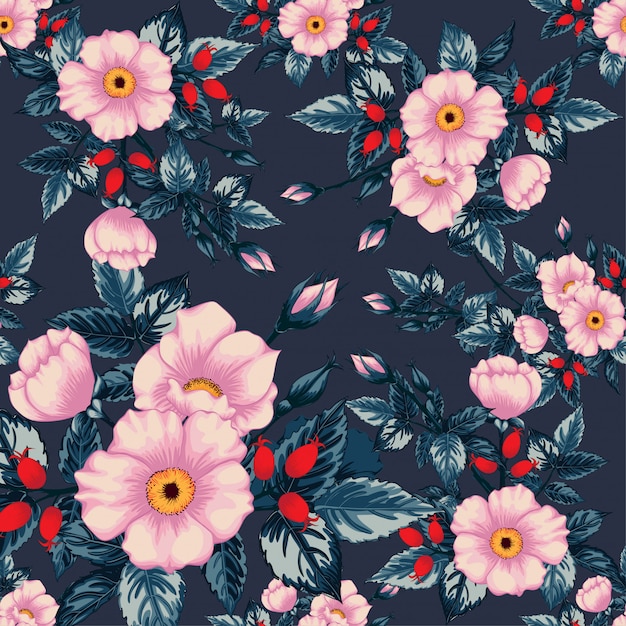 Seamless pattern vintage wild rose flower.