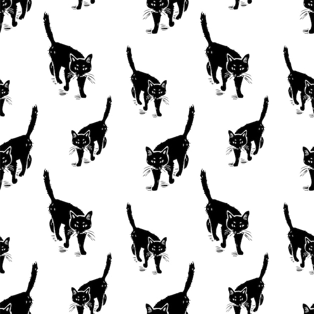 Seamless pattern of the walking black cats