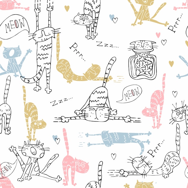 귀여운 스타일의 재미있는 고양이와 원활한 패턴 벽지.