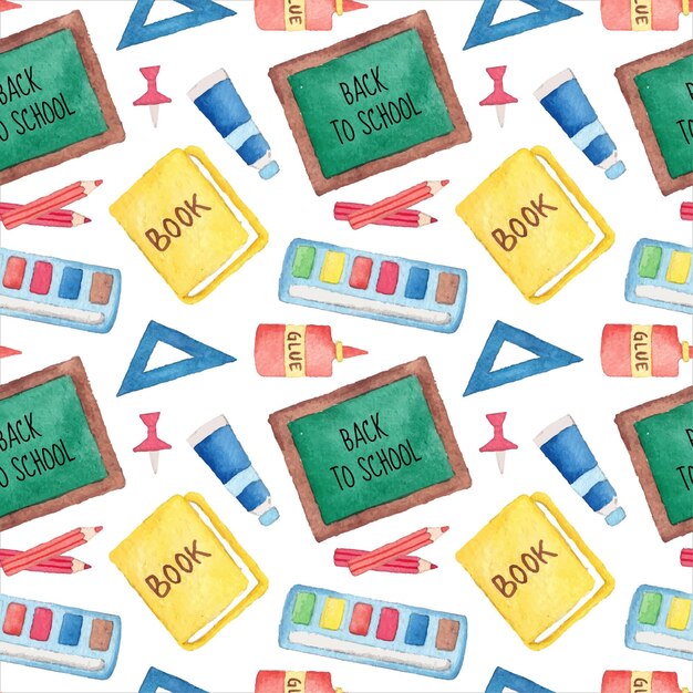 seamless pattern of watercolor back to school supplies