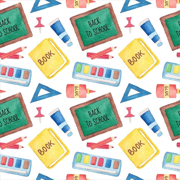 Seamless pattern of watercolor back to school supplies