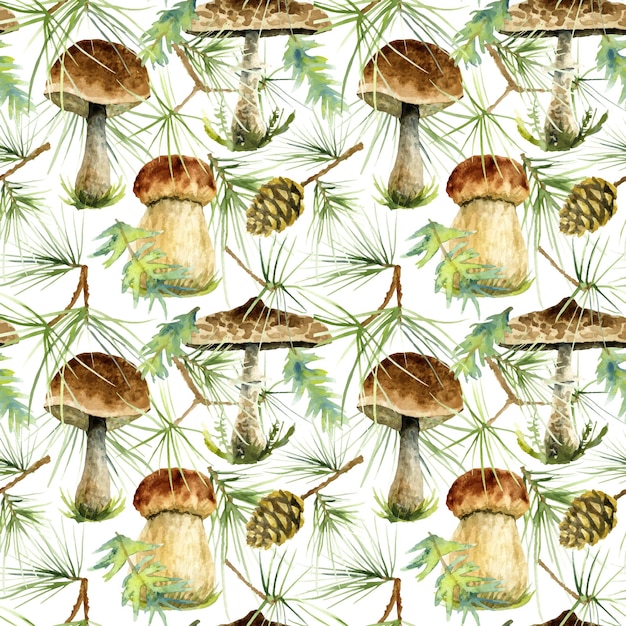 Seamless pattern of watercolor brown mushrooms with pine and fur branches on a white background.