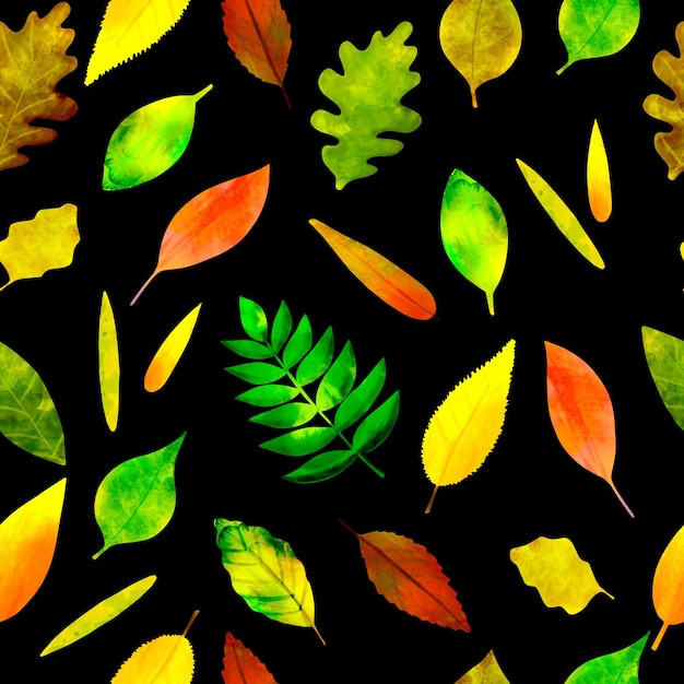 Seamless pattern watercolor colorful autumn leaves on a black background