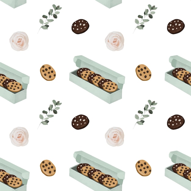 Vector seamless pattern of watercolor cookies with chocolate chips, roses and eucalyptus branches