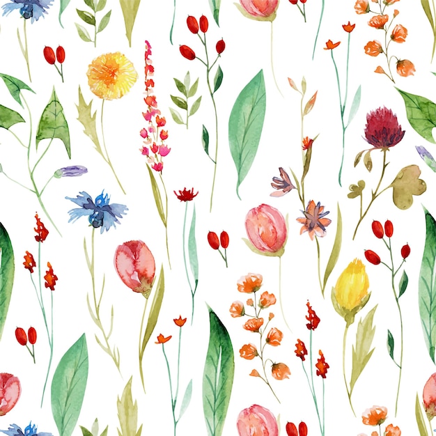 Seamless pattern of watercolor different summer wildflowers