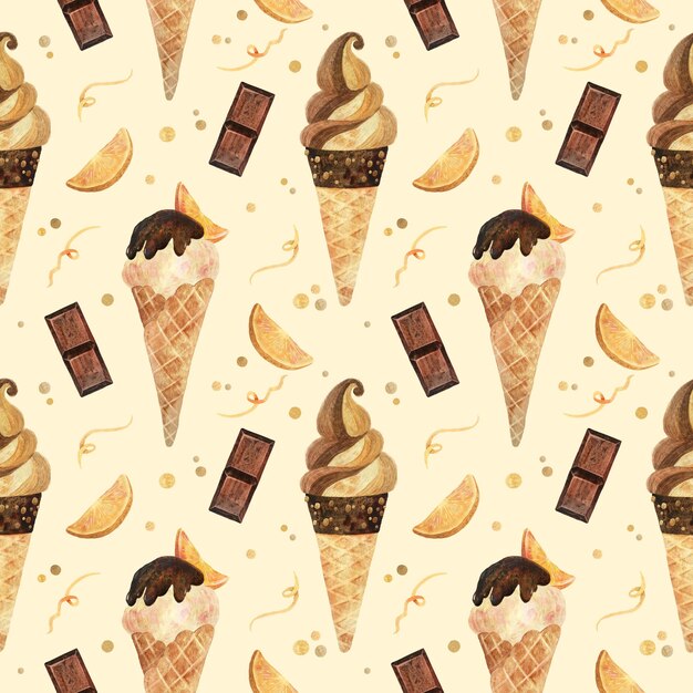 Seamless pattern watercolor ice cream Product clipart Premium dessert food