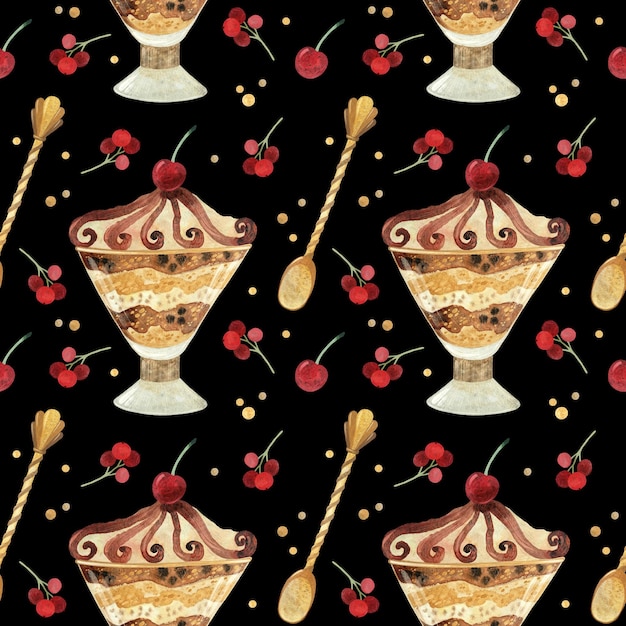 Бесшовный узор акварель мороженое с ягодами Клипарт продукта Десертная еда премиум-класса