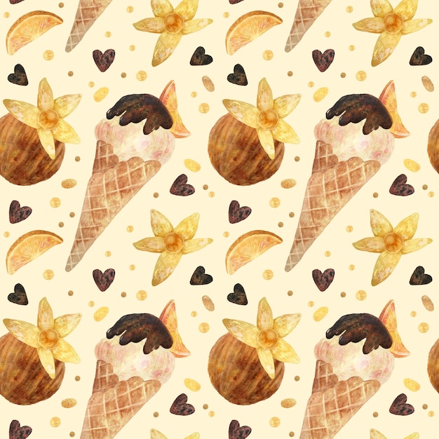 Seamless pattern watercolor Ice Cream with orange and physalis Product clipart Premium dessert